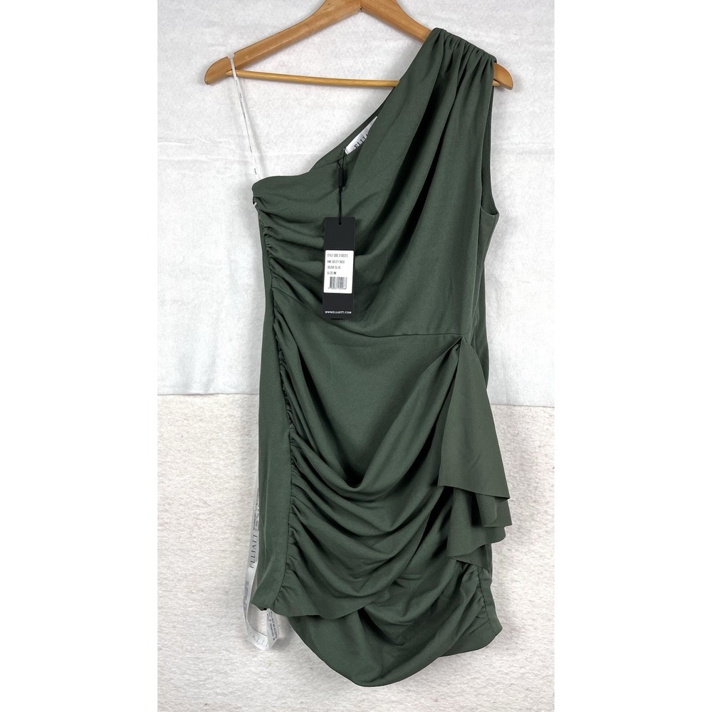 Elliatt Society One Shoulder Ruched Mini Dress Olive Green NWT Size M - Picture 9 of 12